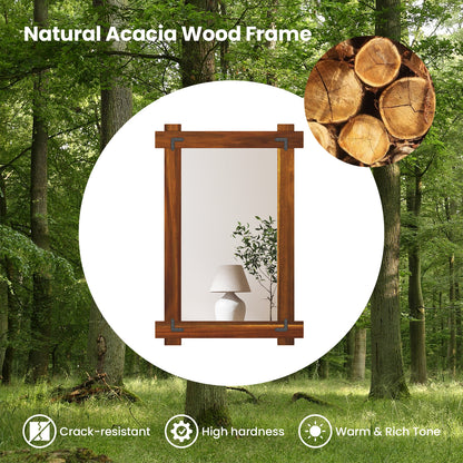 Wood Framed Mirror with Acacia Wood Frame and Vintage Rivet Design Brown-S