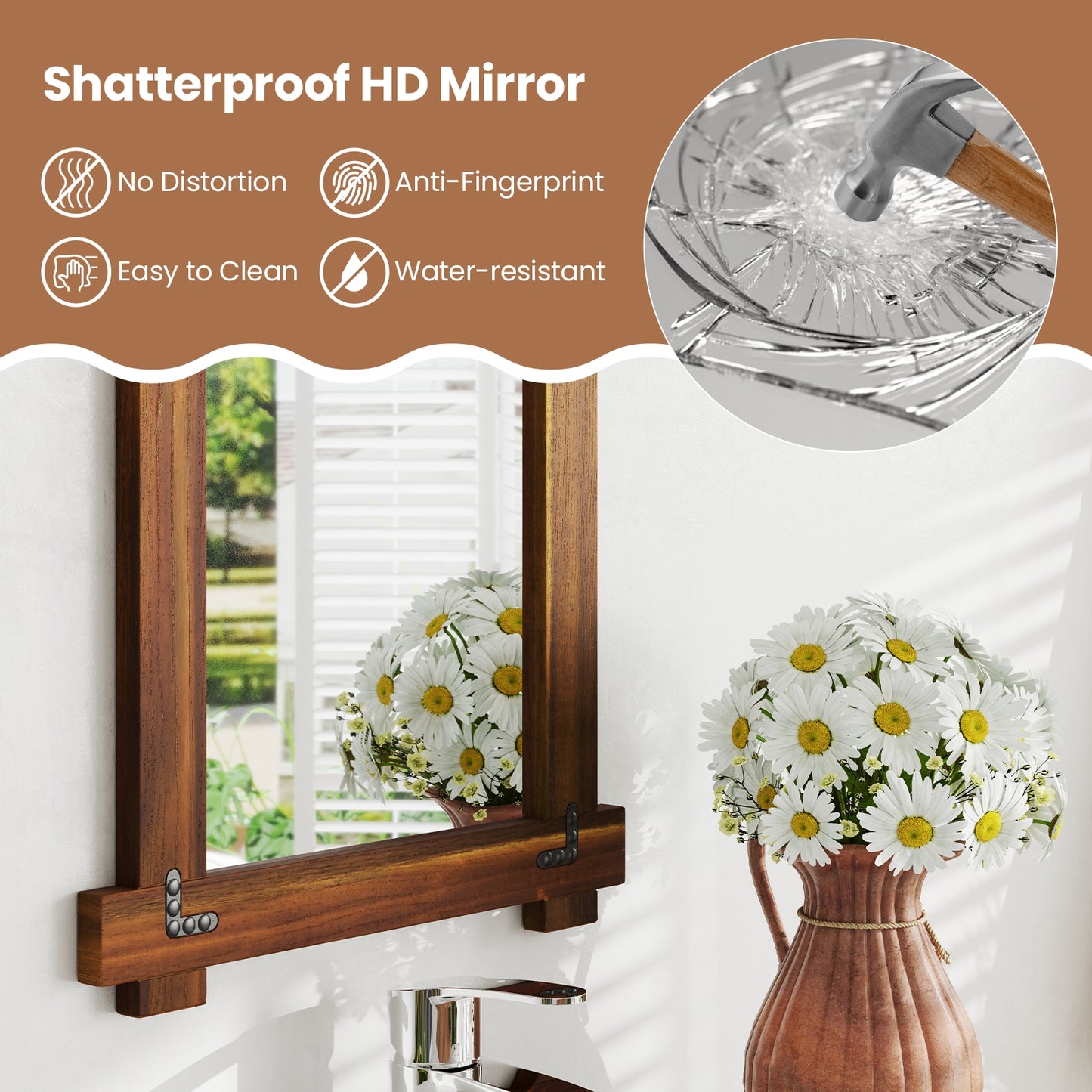 Wood Framed Mirror with Acacia Wood Frame and Vintage Rivet Design Brown-S Kids Crystal