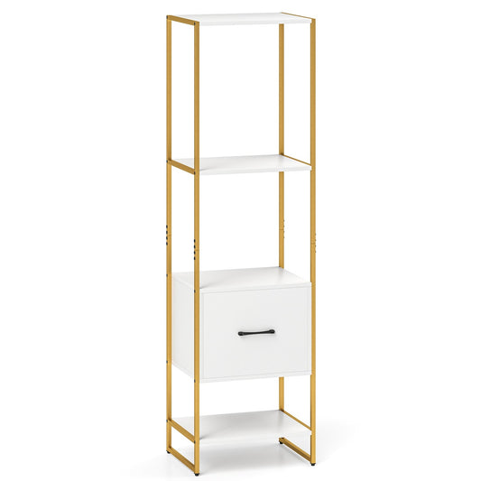 5-Tier Narrow Bookcase with 4 Open Shelves and Storage Drawer-White Kids Crystal