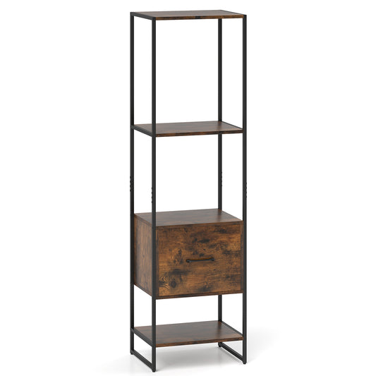 5-Tier Narrow Bookcase with 4 Open Shelves and Storage Drawer-Rustic Brown Kids Crystal