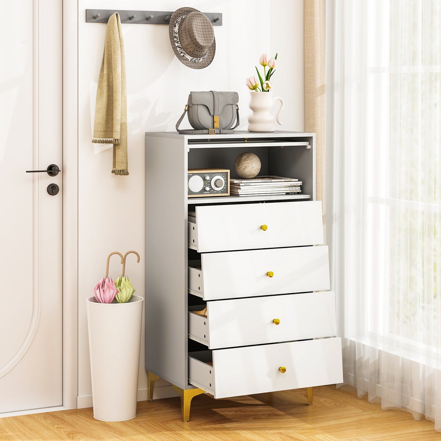 4 Drawer Modern Storage Cabinet with Flip Up Fluted Glass Door-Gray and White Kids Crystal