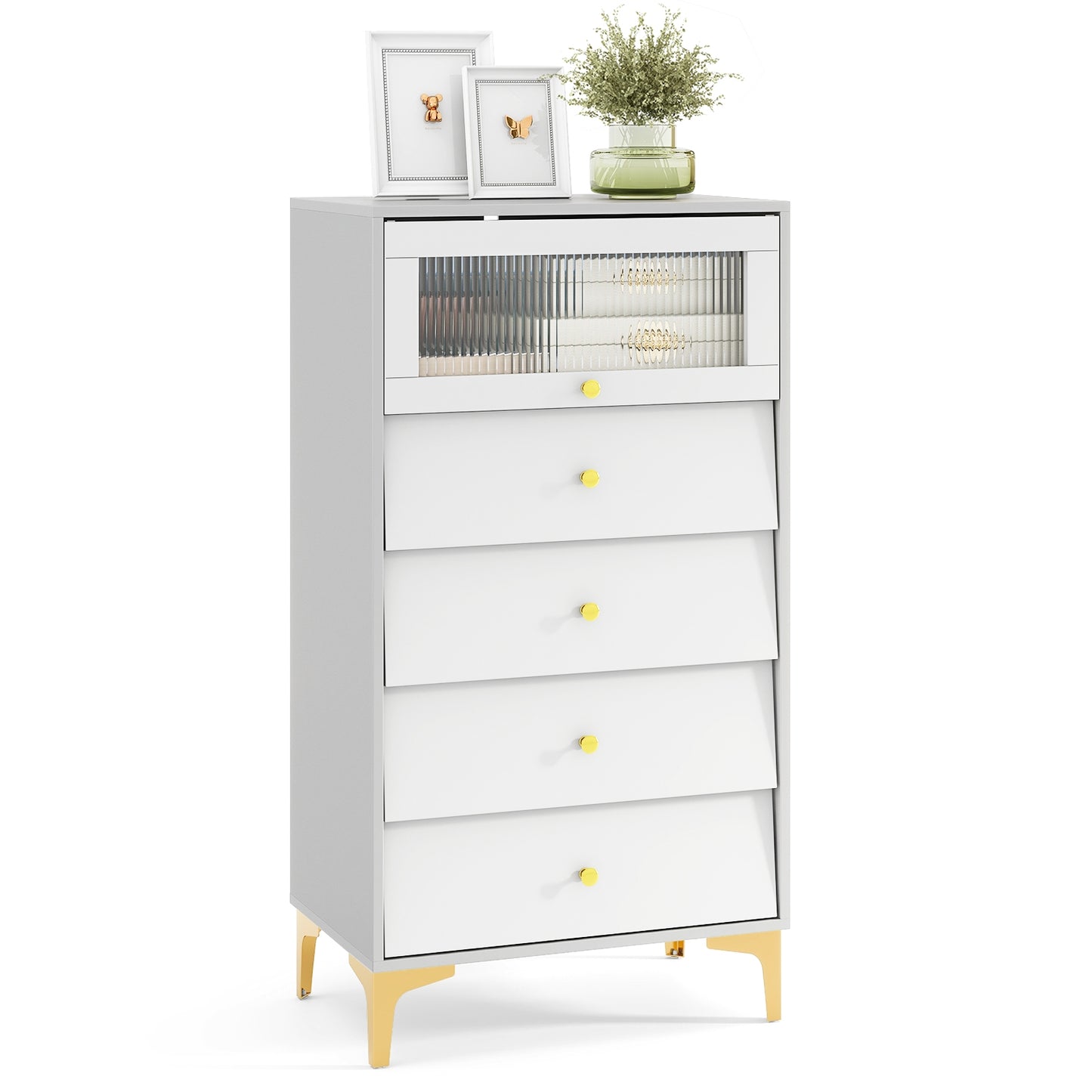4 Drawer Modern Storage Cabinet with Flip Up Fluted Glass Door-Gray and White Kids Crystal