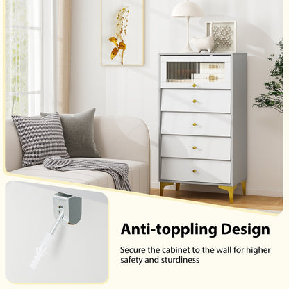 4 Drawer Modern Storage Cabinet with Flip Up Fluted Glass Door-Gray and White