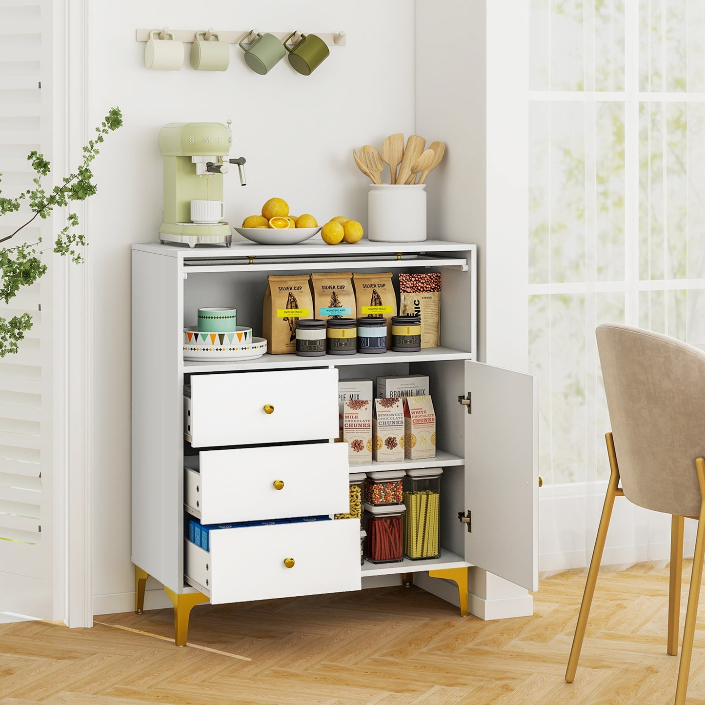 Chest of Drawers with Flip Up Fluted Glass Door for Bedroom Kitchen-Gray Kids Crystal
