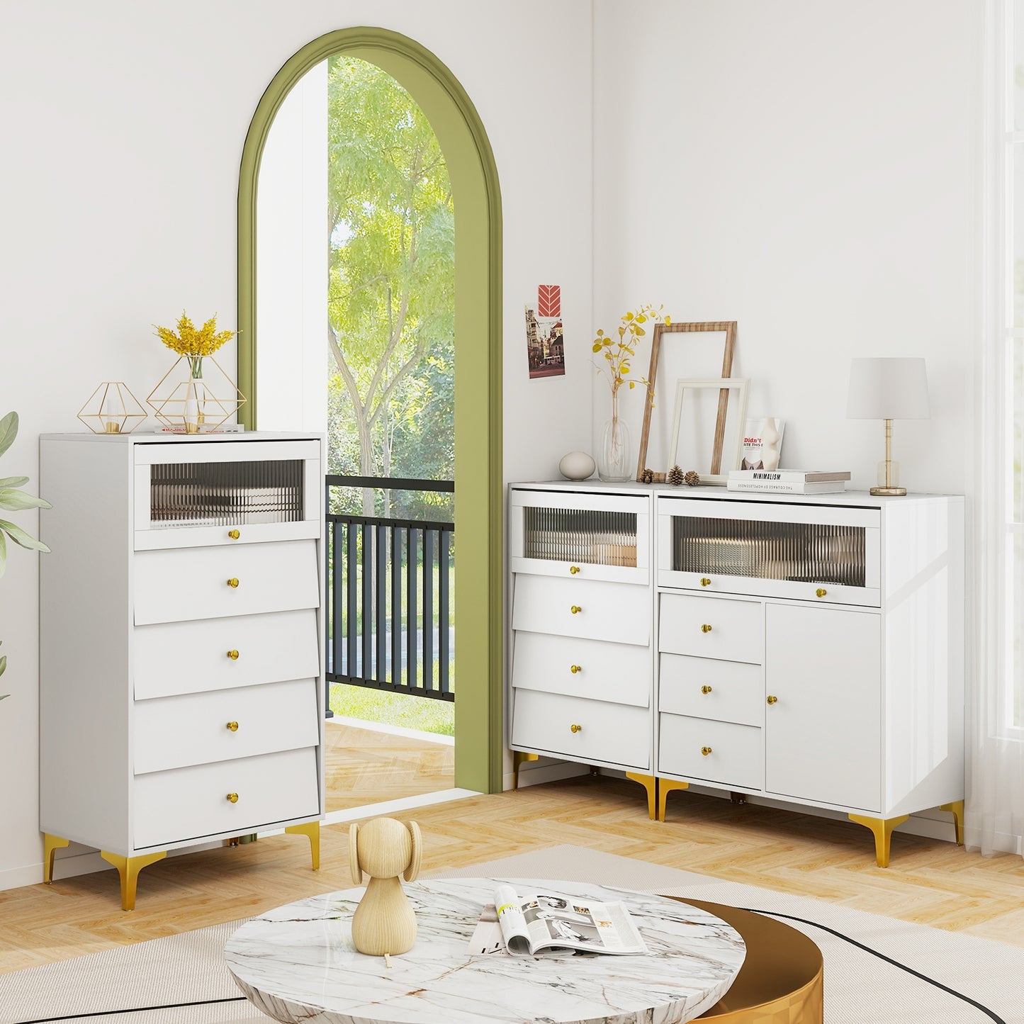 Chest of Drawers with Flip Up Fluted Glass Door for Bedroom Kitchen-Gray Kids Crystal
