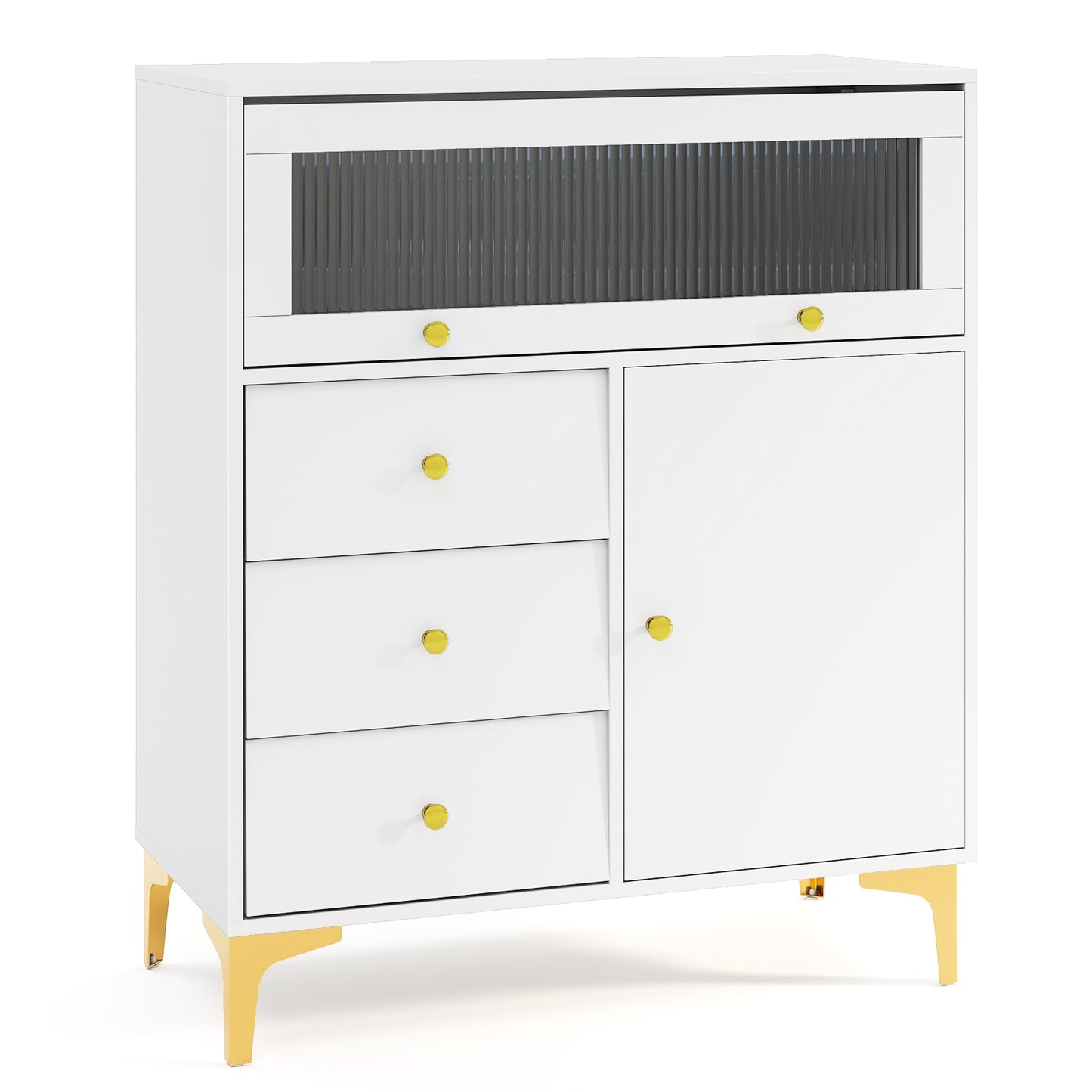Chest of Drawers with Flip Up Fluted Glass Door for Bedroom Kitchen-Gray Kids Crystal