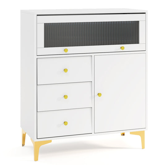 Chest of Drawers with Flip Up Fluted Glass Door for Bedroom Kitchen-Gray Kids Crystal