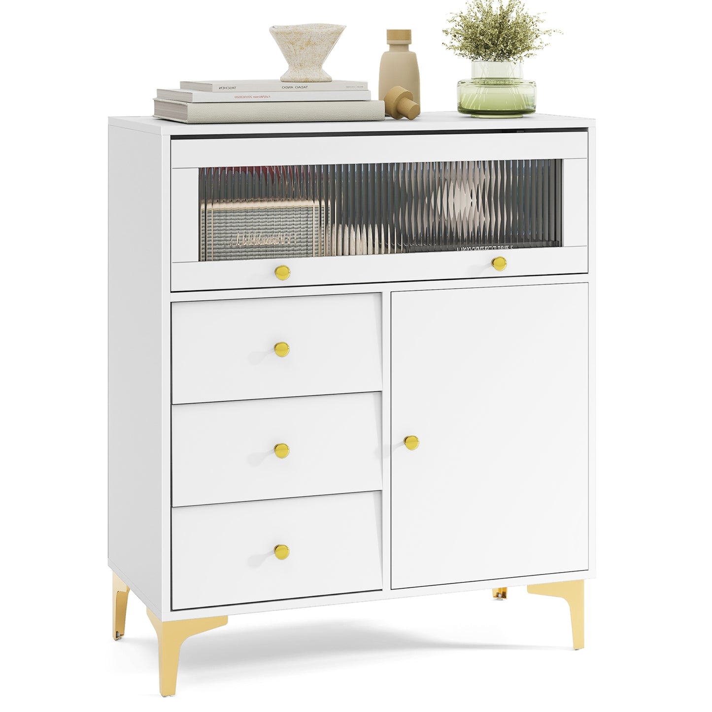 Chest of Drawers with Flip Up Fluted Glass Door for Bedroom Kitchen-Gray Kids Crystal
