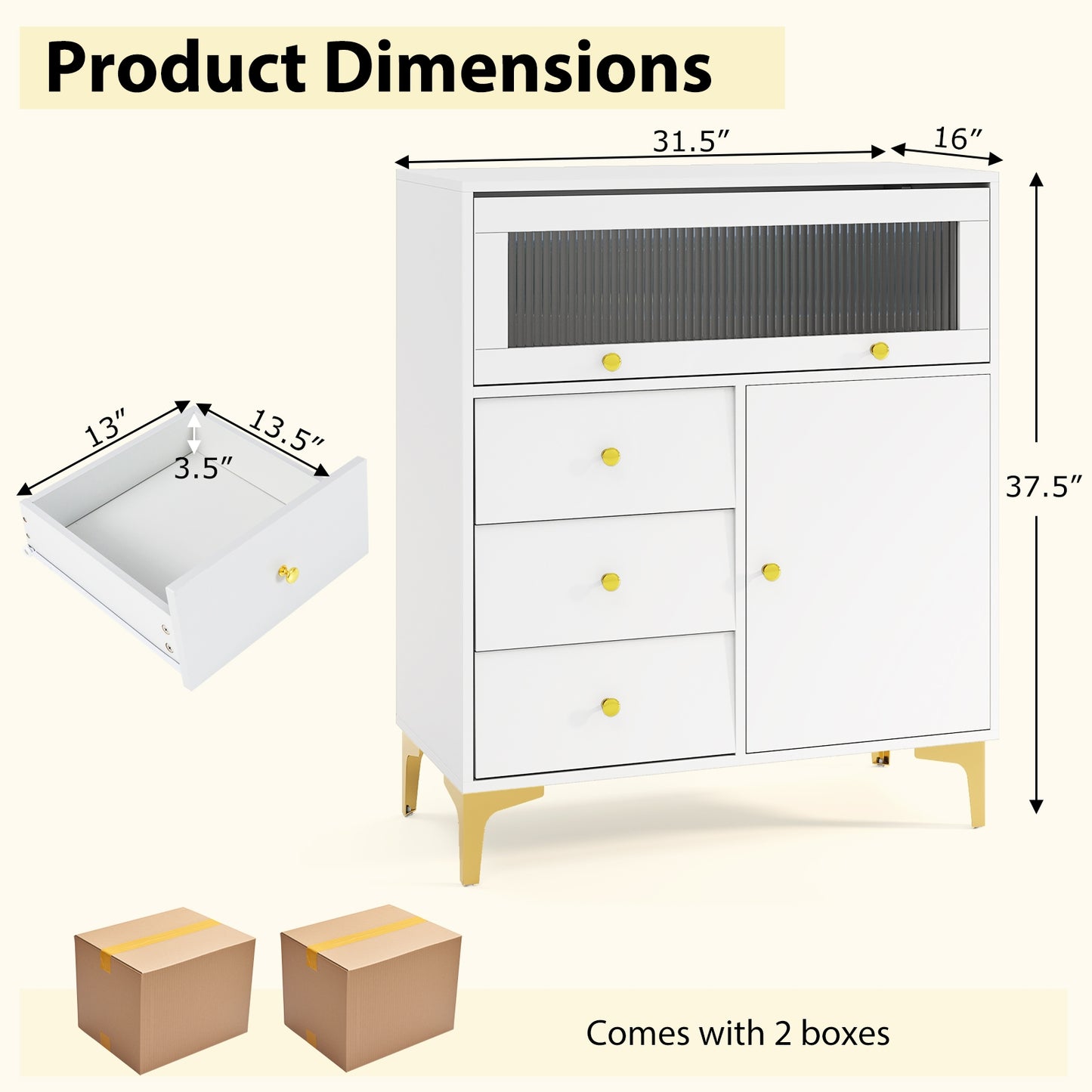 Chest of Drawers with Flip Up Fluted Glass Door for Bedroom Kitchen-Gray Kids Crystal