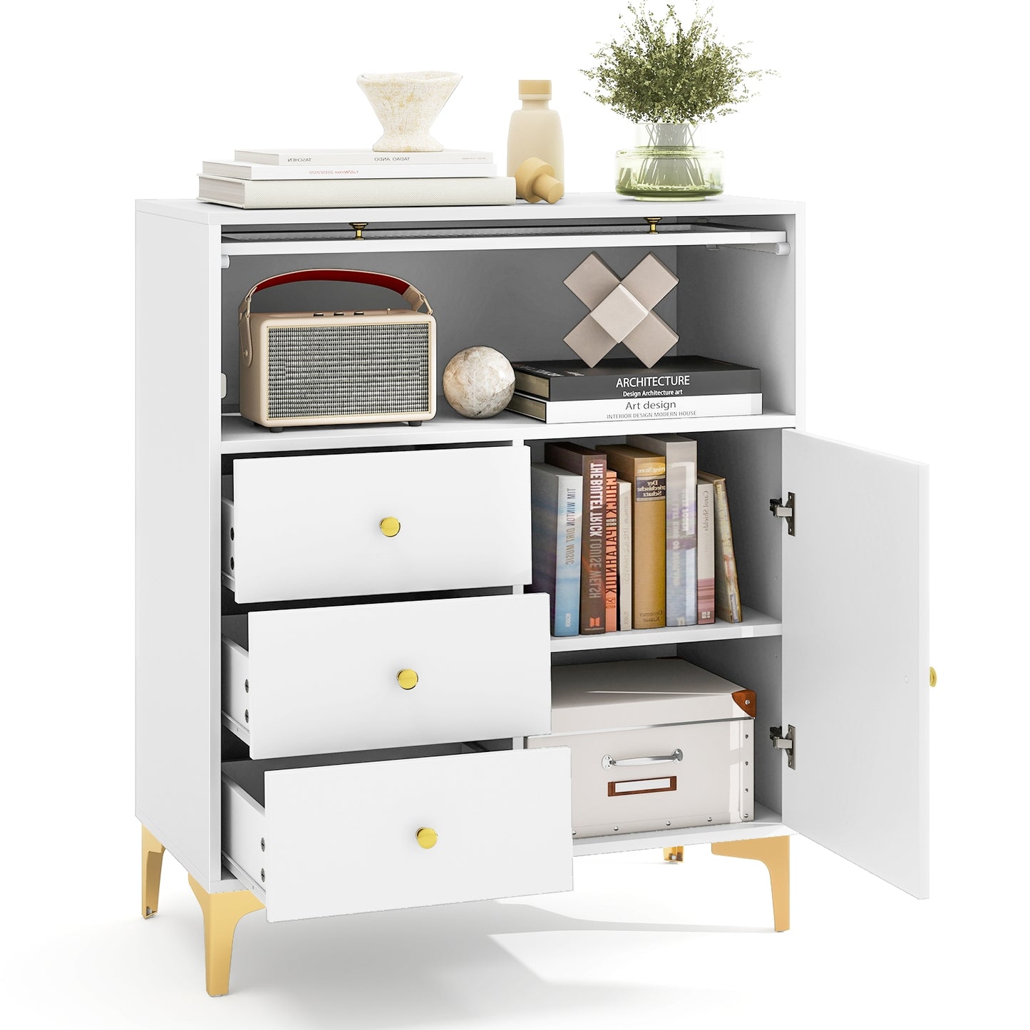 Chest of Drawers with Flip Up Fluted Glass Door for Bedroom Kitchen-Gray Kids Crystal