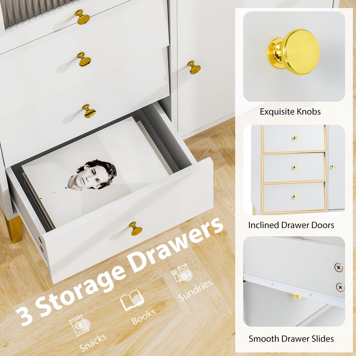 Chest of Drawers with Flip Up Fluted Glass Door for Bedroom Kitchen-Gray Kids Crystal