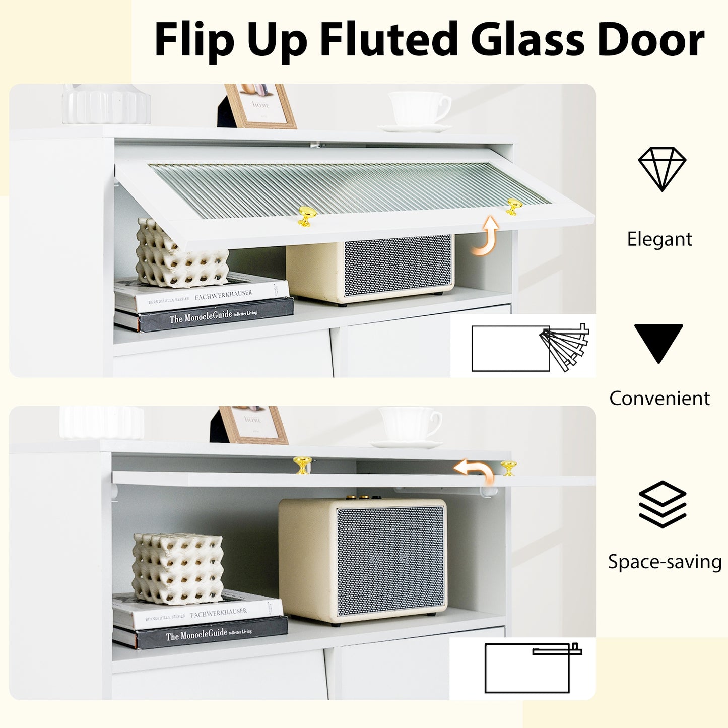 Chest of Drawers with Flip Up Fluted Glass Door for Bedroom Kitchen-Gray Kids Crystal