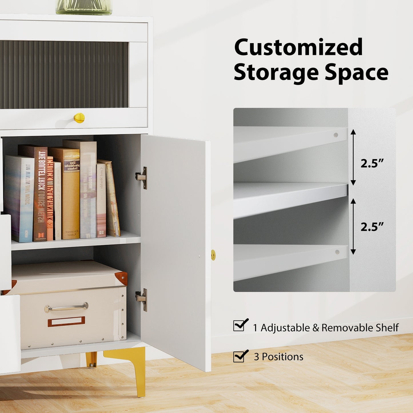 Chest of Drawers with Flip Up Fluted Glass Door for Bedroom Kitchen-Gray Kids Crystal