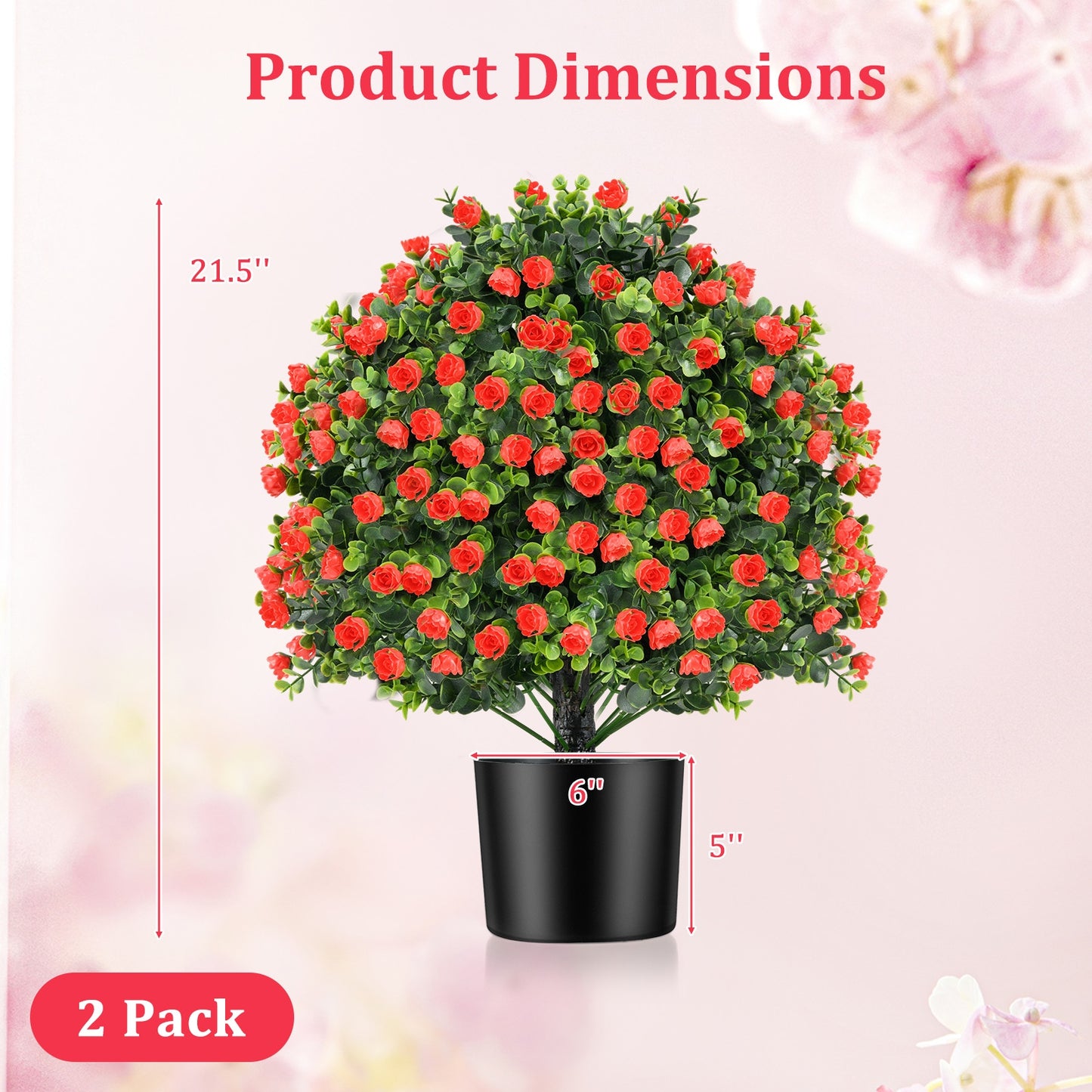 2 Pack Artificial Rose Topiary Ball Tree Faux Shrub Bushes with Flowers-Red Kids Crystal