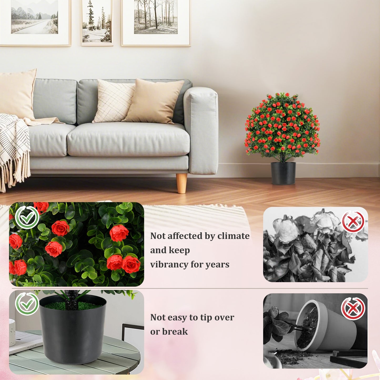 2 Pack Artificial Rose Topiary Ball Tree Faux Shrub Bushes with Flowers-Red Kids Crystal