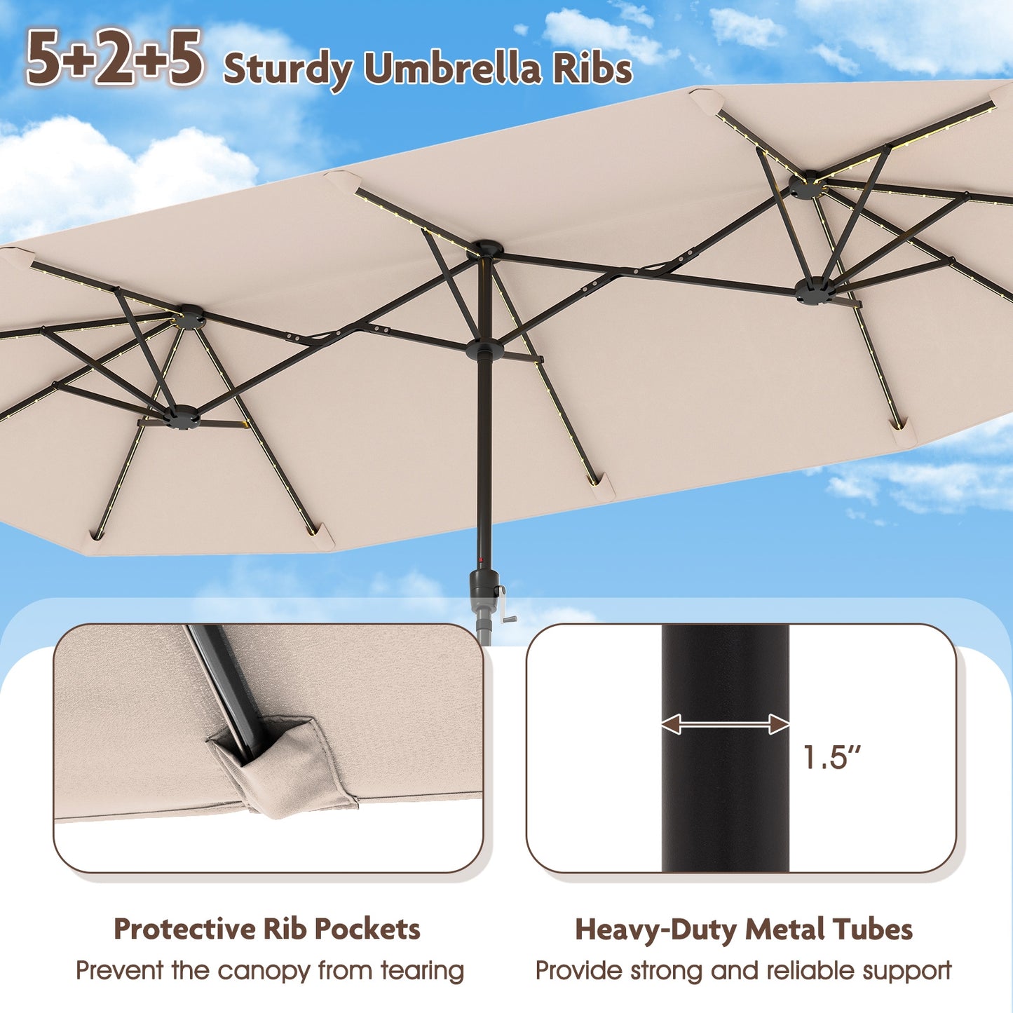 13 FT Large Patio Umbrella with LED Solar Lights and Crank Handle-Beige Kids Crystal