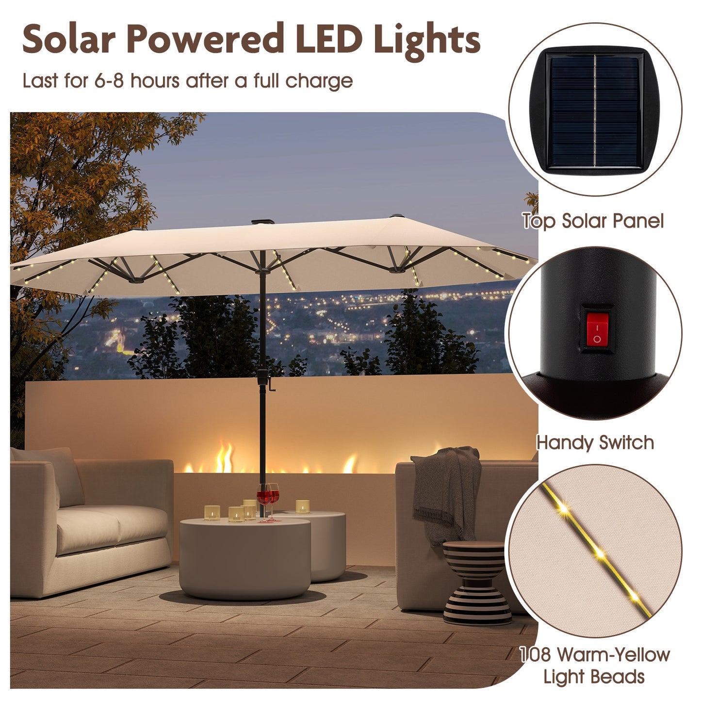 13 FT Large Patio Umbrella with LED Solar Lights and Crank Handle-Beige Kids Crystal