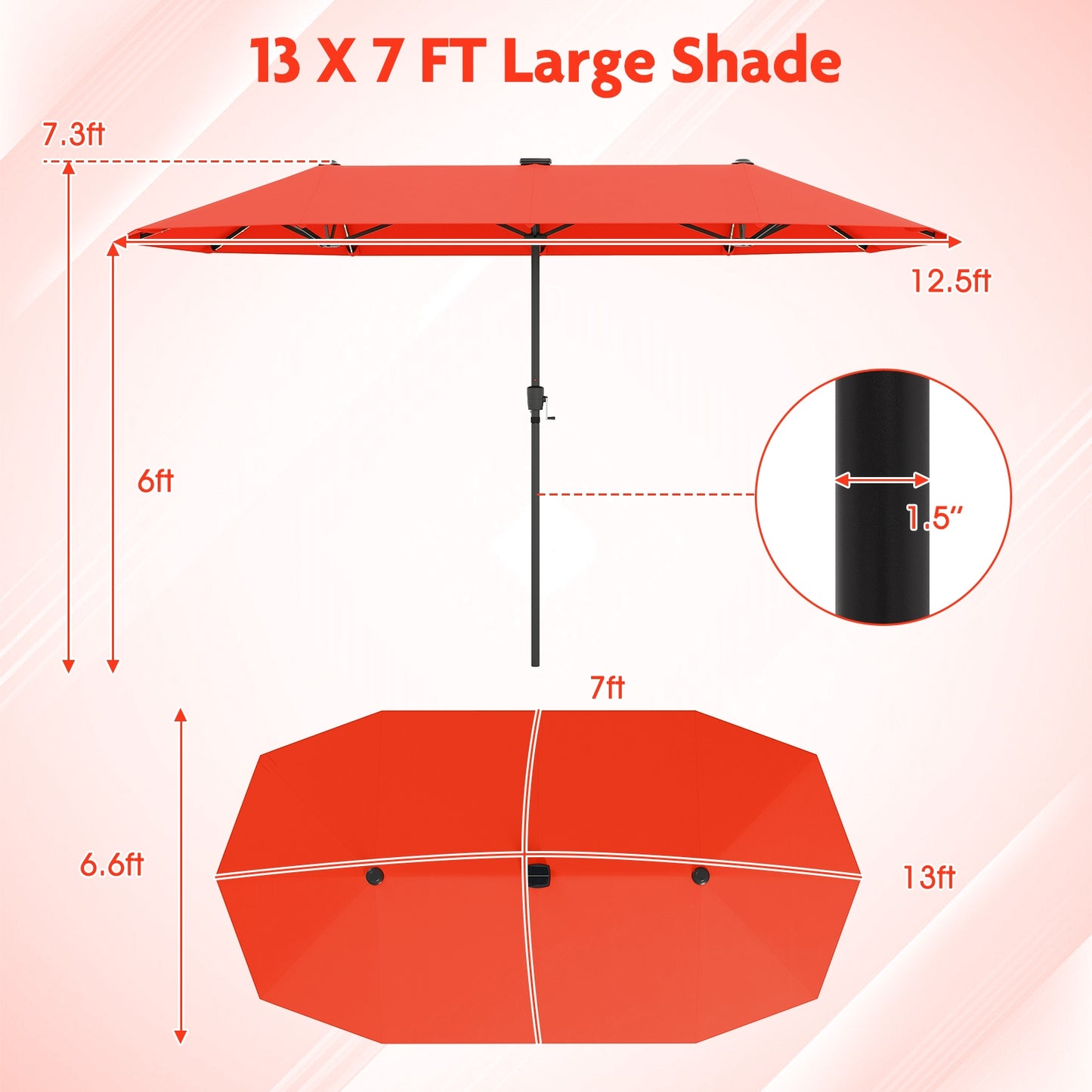 13 FT Large Patio Umbrella with LED Solar Lights and Crank Handle-Orange Kids Crystal