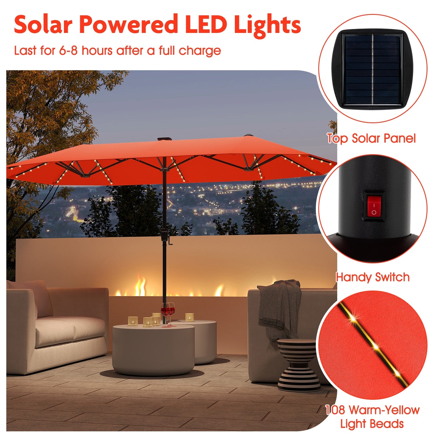 13 FT Large Patio Umbrella with LED Solar Lights and Crank Handle-Orange Kids Crystal