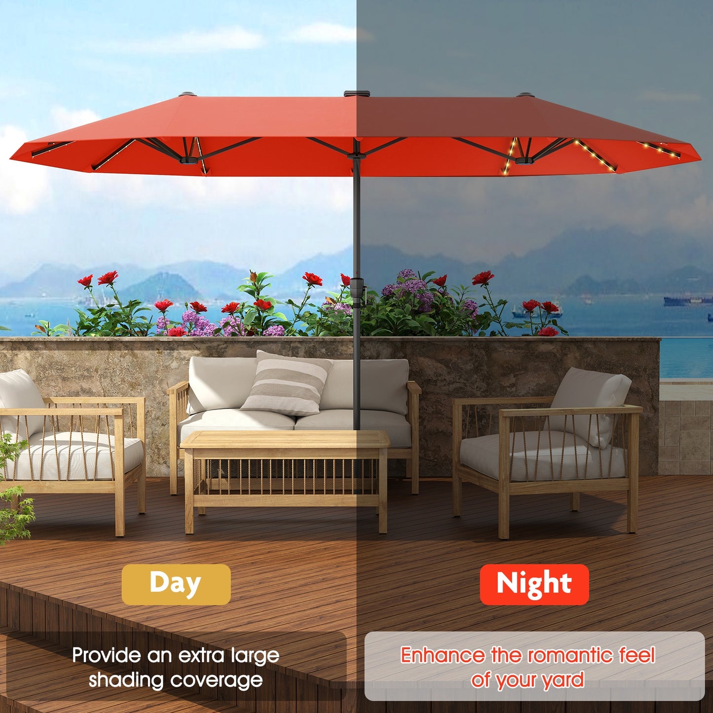 13 FT Large Patio Umbrella with LED Solar Lights and Crank Handle-Orange Kids Crystal