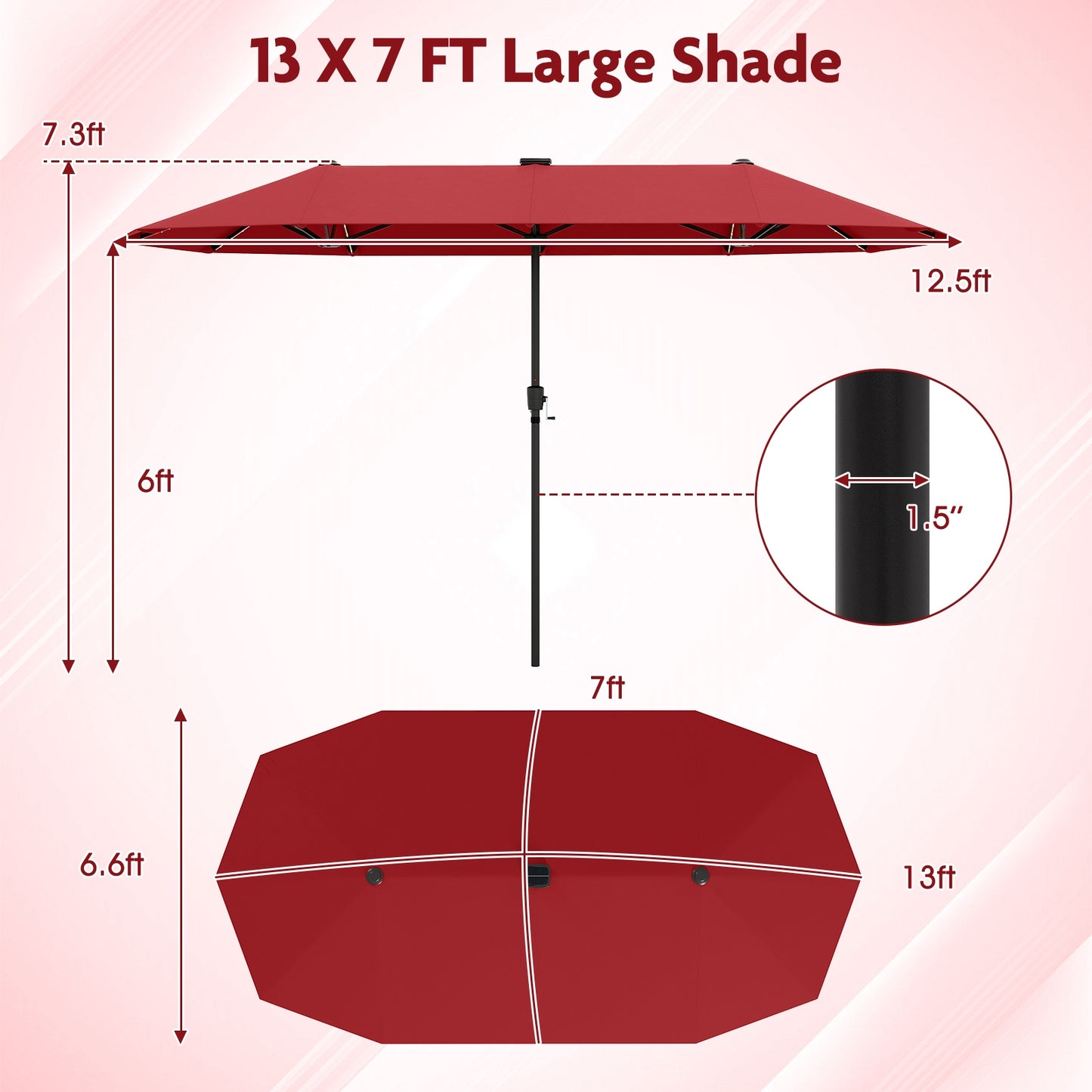 13 FT Large Patio Umbrella with LED Solar Lights and Crank Handle-Red Kids Crystal