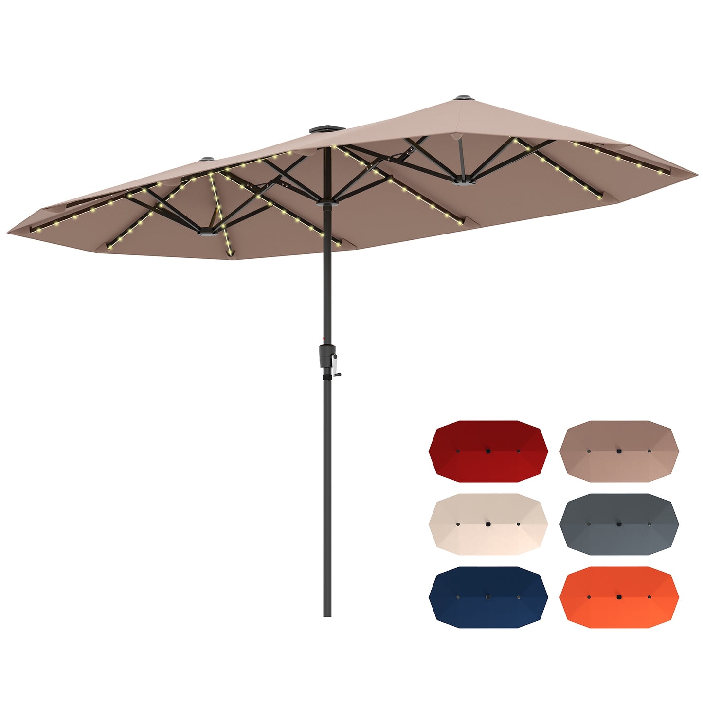13 FT Large Patio Umbrella with LED Solar Lights and Crank Handle-Coffee Kids Crystal