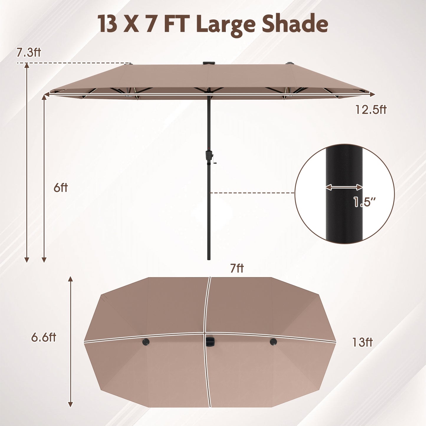 13 FT Large Patio Umbrella with LED Solar Lights and Crank Handle-Coffee Kids Crystal