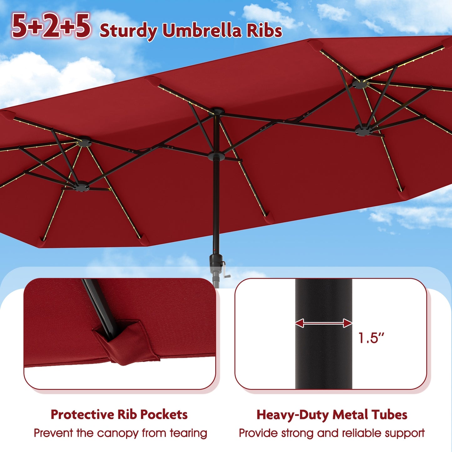 13 FT Large Patio Umbrella with LED Solar Lights and Crank Handle-Red Kids Crystal