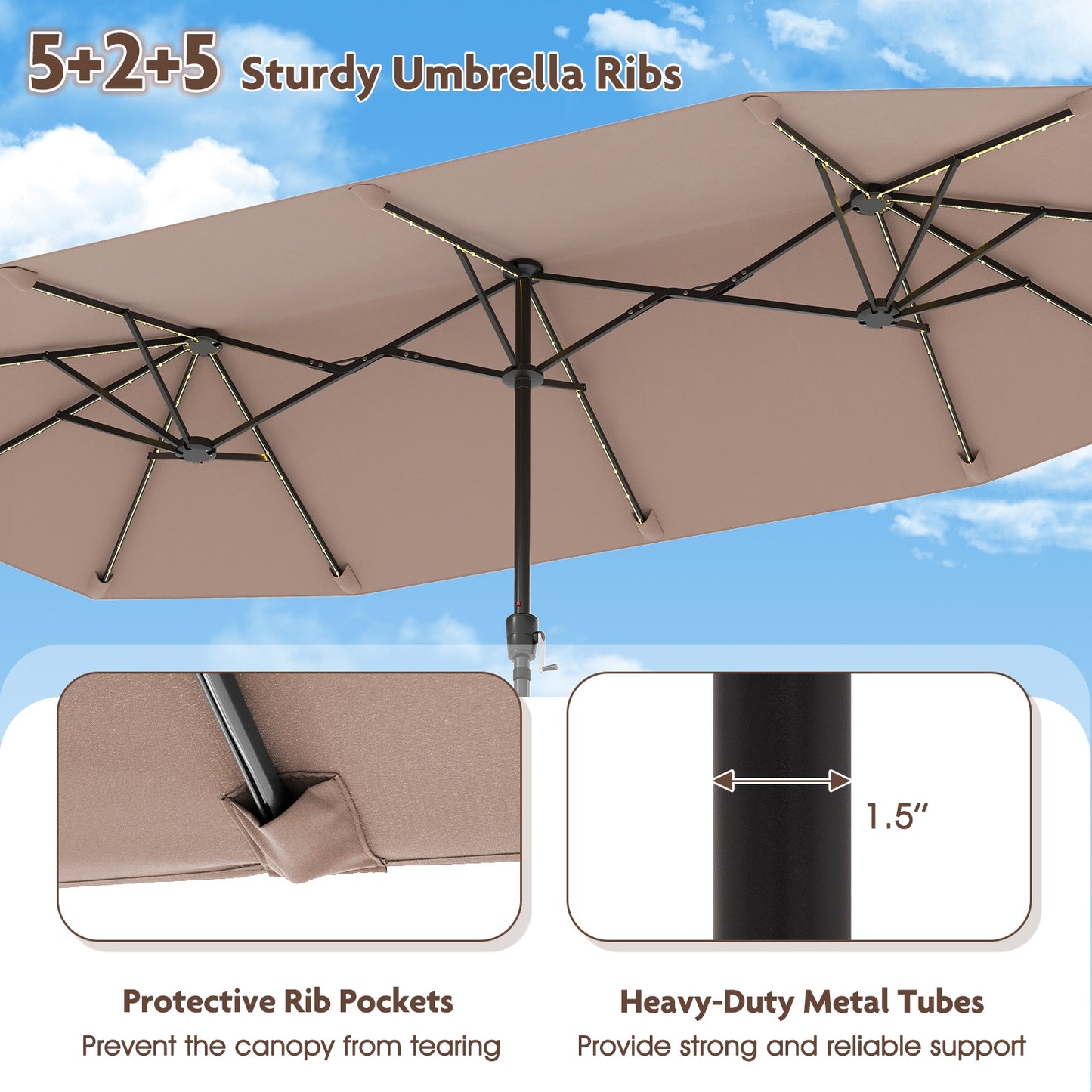 13 FT Large Patio Umbrella with LED Solar Lights and Crank Handle-Coffee Kids Crystal