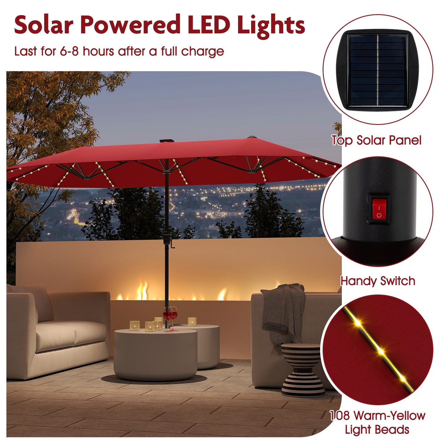 13 FT Large Patio Umbrella with LED Solar Lights and Crank Handle-Red Kids Crystal