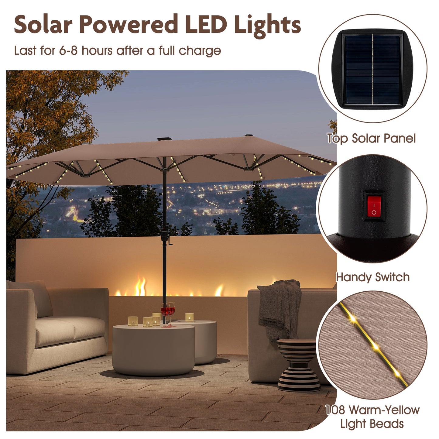 13 FT Large Patio Umbrella with LED Solar Lights and Crank Handle-Coffee Kids Crystal