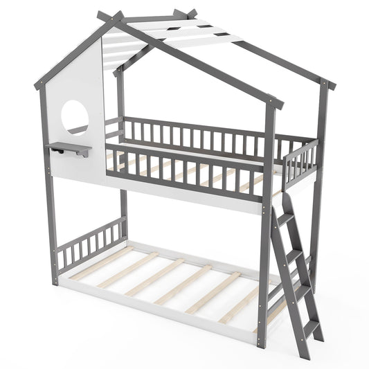 Twin over Twin House Bunk Bed with Roof and Guardrails for Kids-White & Gray