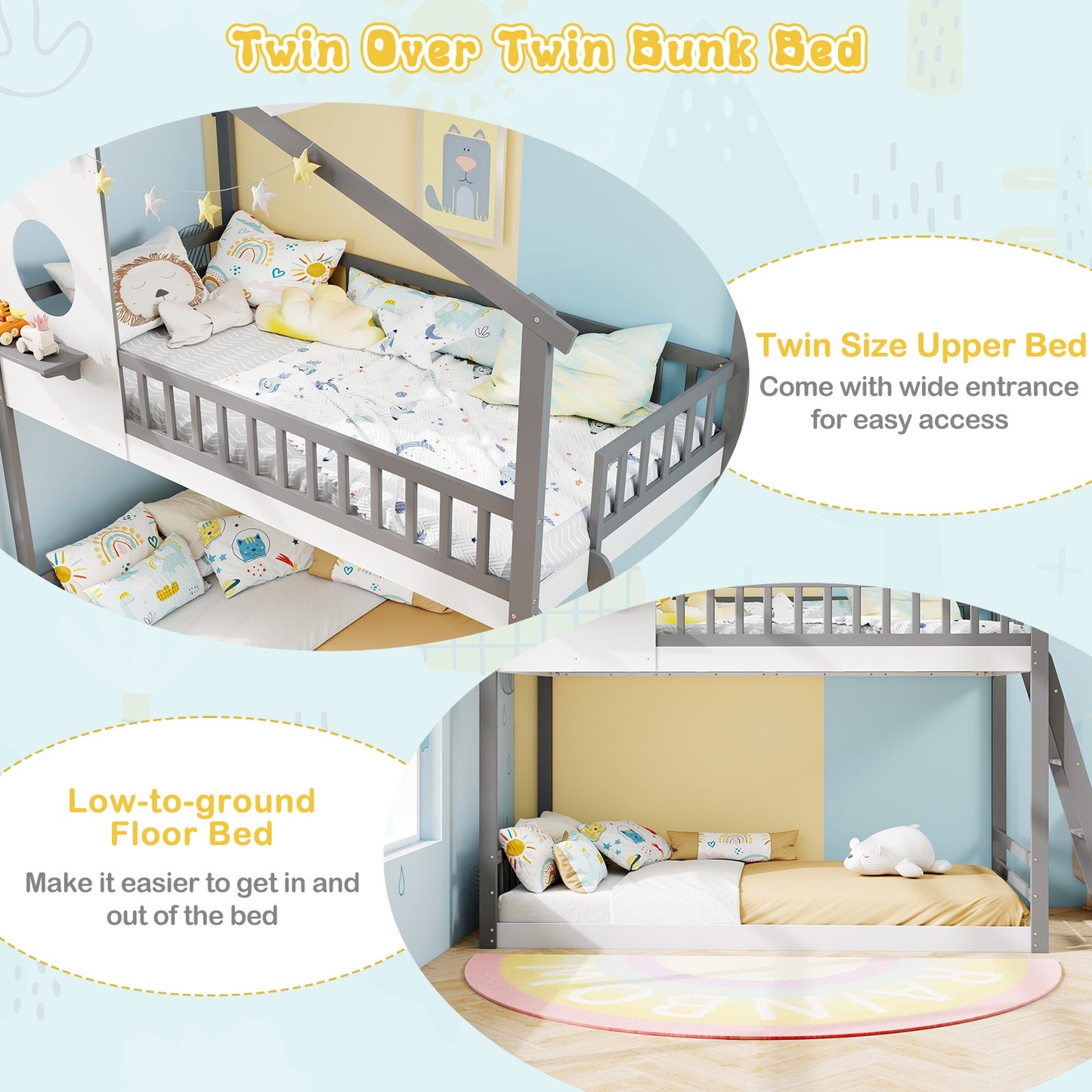 Twin over Twin House Bunk Bed with Roof and Guardrails for Kids-White & Gray