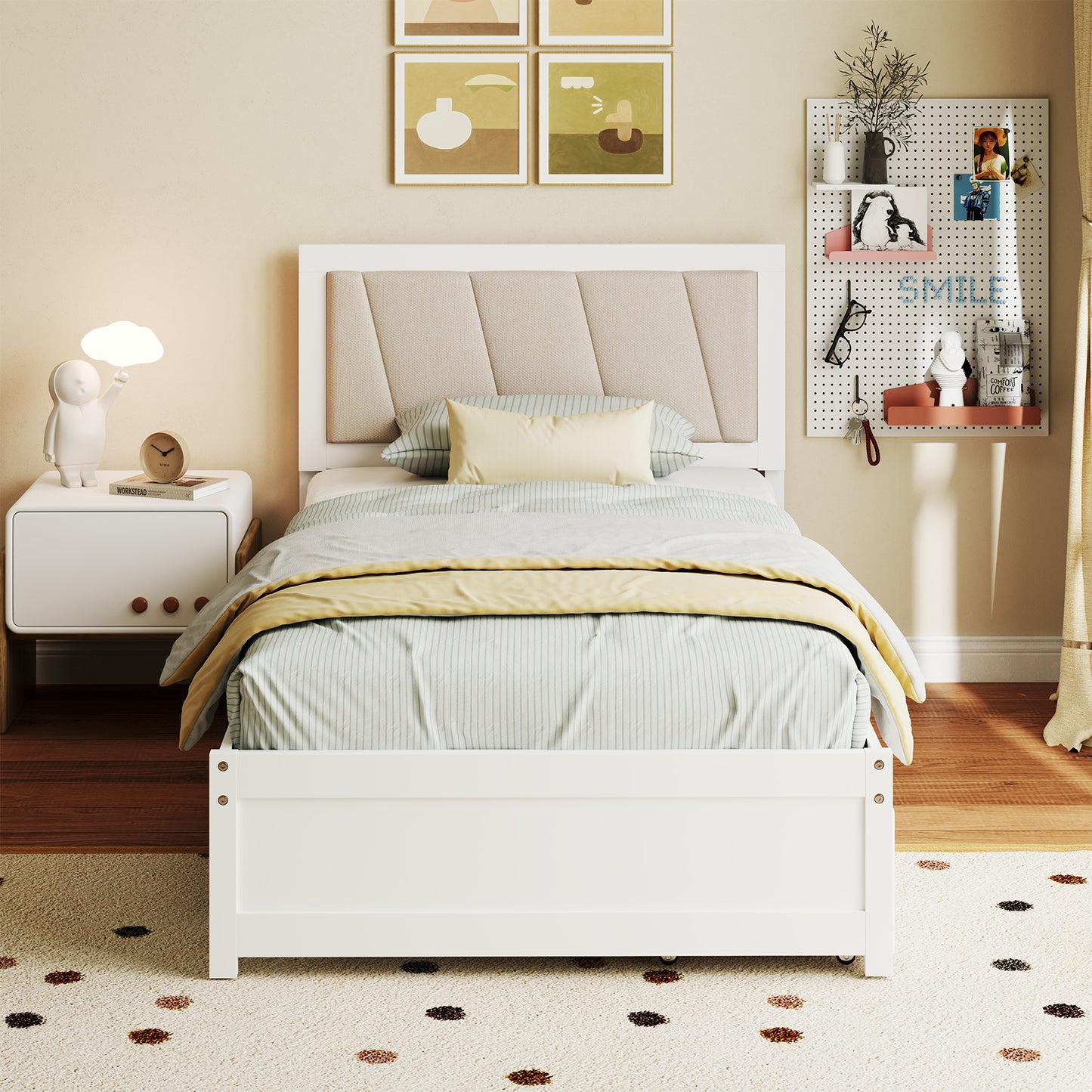 Solid Wood Structure Bed Frame with 2 Drawers Upholstered Headboard-Twin Size Kids Crystal