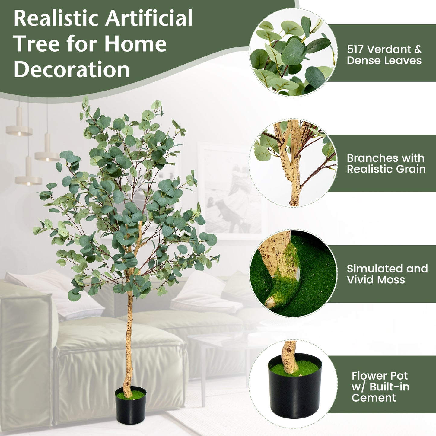 5.5 Feet Artificial Eucalyptus Tree with 517 Silver Dollar Leaves-2 Peice Kids Crystal