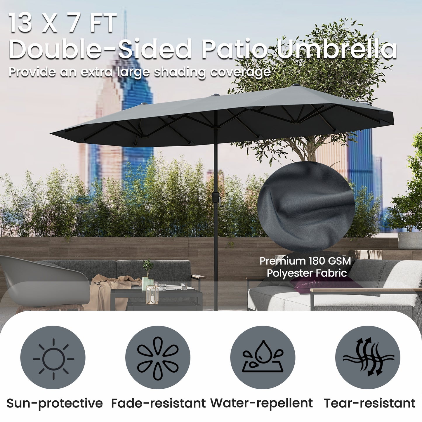 13 FT Large Patio Umbrella Outdoor Double-Sided Table Market Umbrella with Crank Handle-Gray Kids Crystal