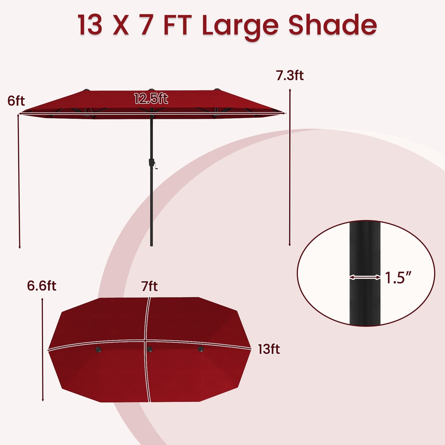 13 FT Large Patio Umbrella Outdoor Double-Sided Table Market Umbrella with Crank Handle-Red Kids Crystal