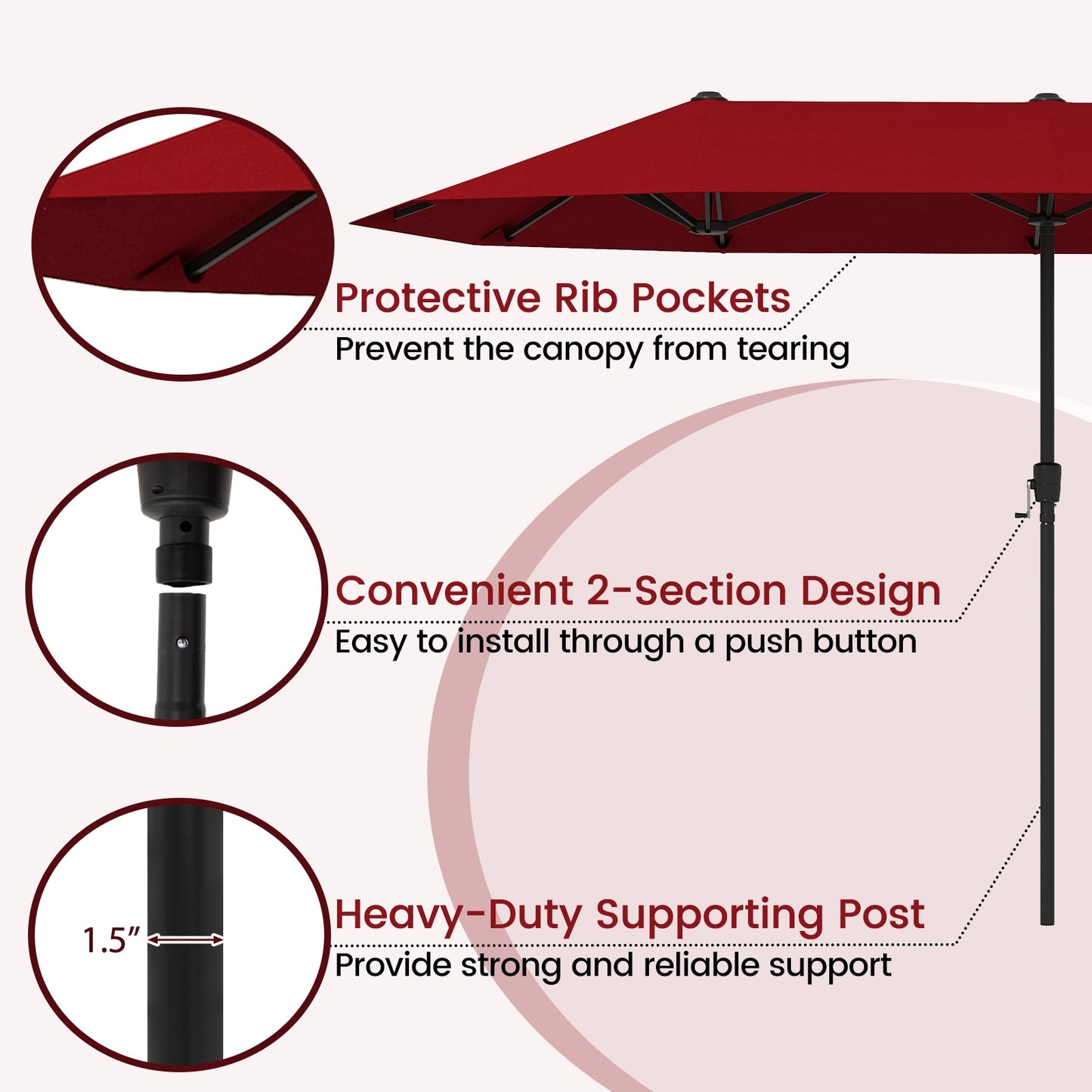 13 FT Large Patio Umbrella Outdoor Double-Sided Table Market Umbrella with Crank Handle-Red Kids Crystal