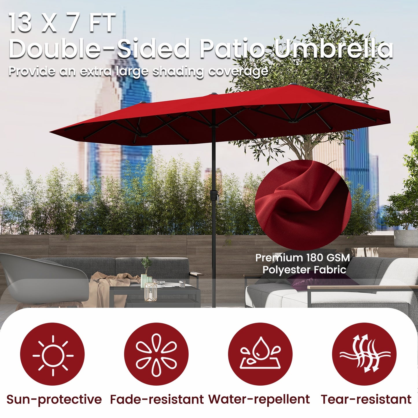 13 FT Large Patio Umbrella Outdoor Double-Sided Table Market Umbrella with Crank Handle-Red Kids Crystal