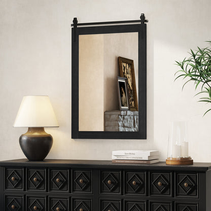 Rustic Wood Frame Barn Door Style Farmhouse Wall Mirror-Black