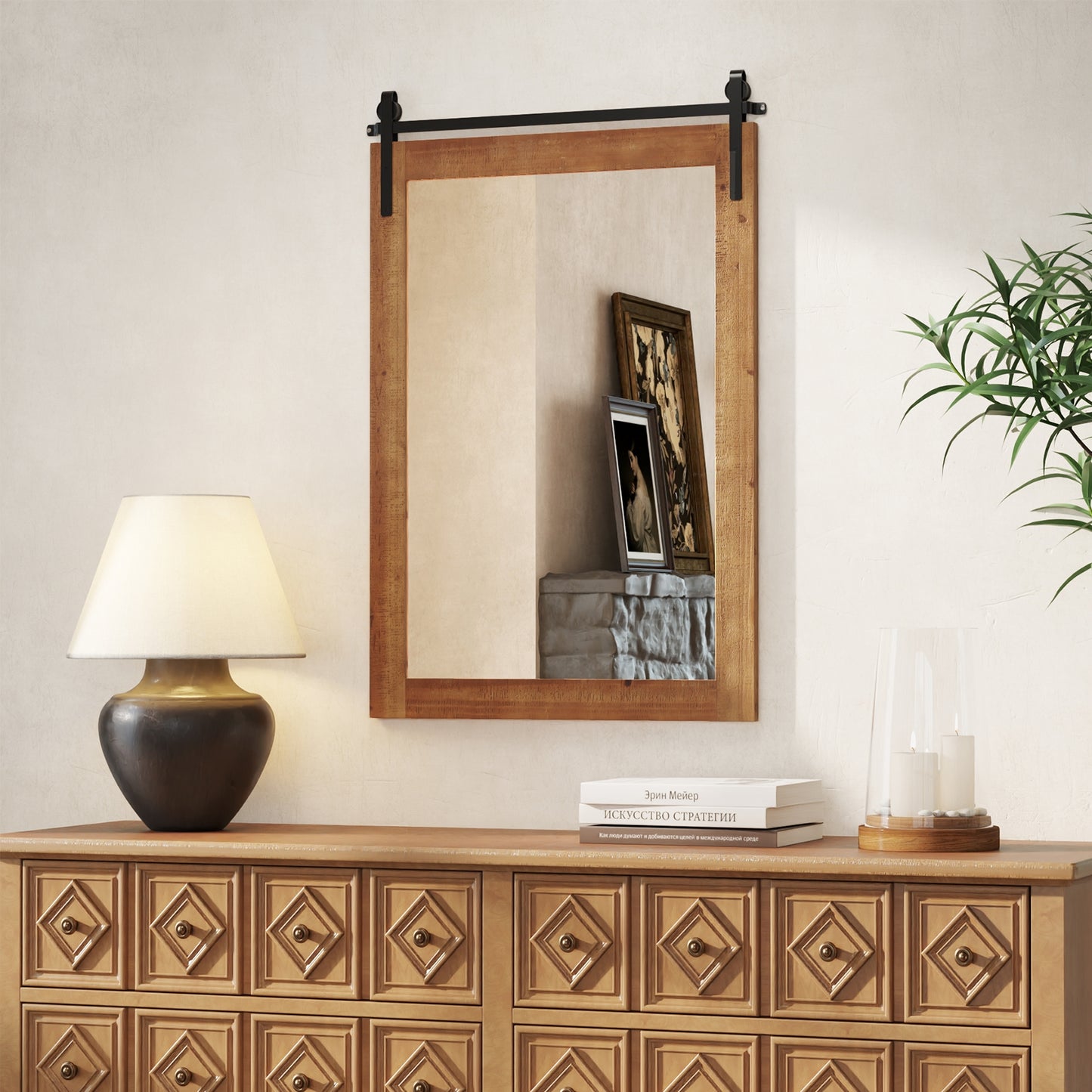 Rustic Wood Frame Barn Door Style Farmhouse Wall Mirror-Brown Kids Crystal