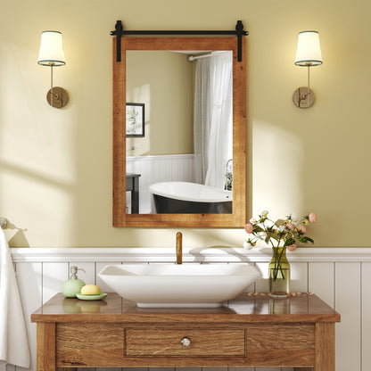 Rustic Wood Frame Barn Door Style Farmhouse Wall Mirror-Brown