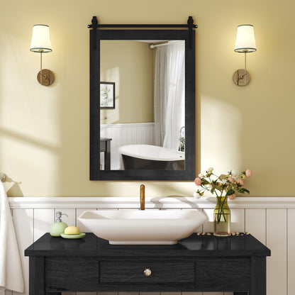 Rustic Wood Frame Barn Door Style Farmhouse Wall Mirror-Black