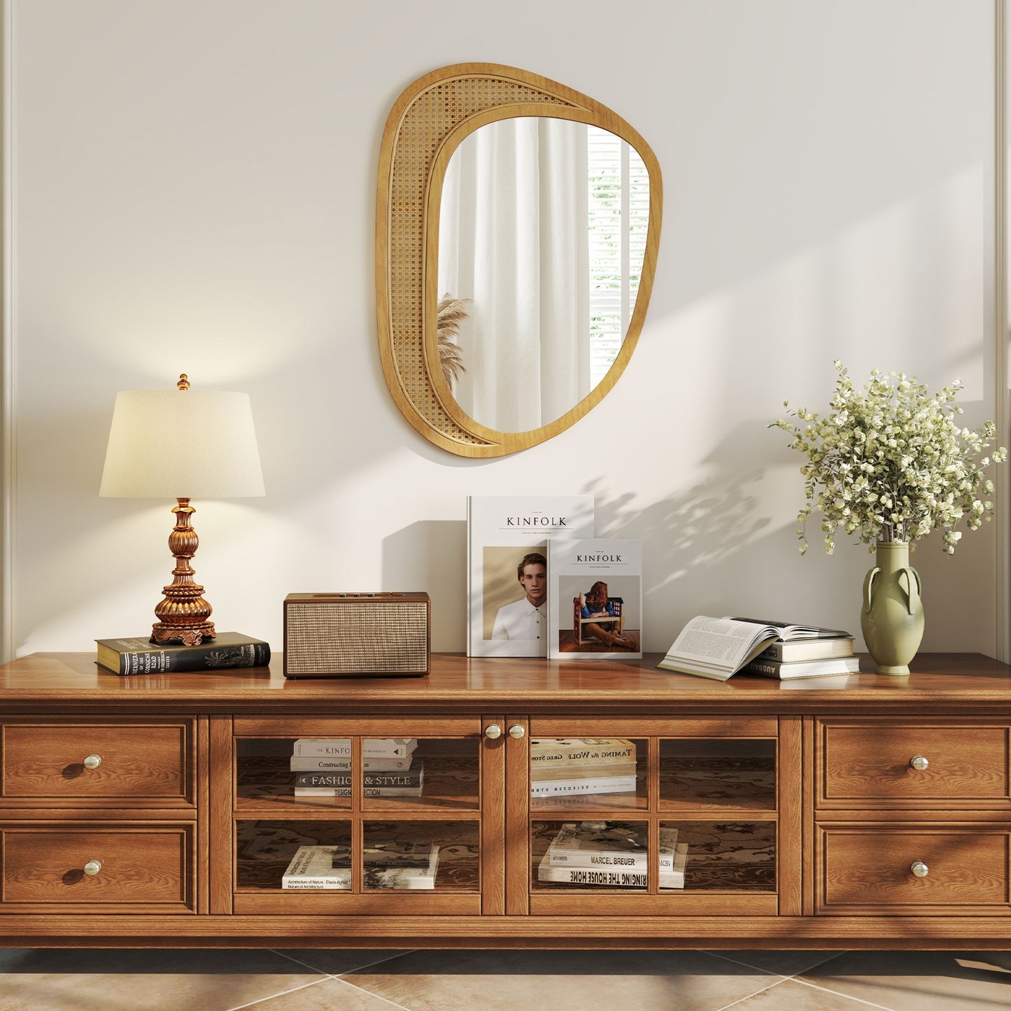 Bohemian Irregular Wall Mounted Decorative Mirror with Wooden Frame-Natural Kids Crystal