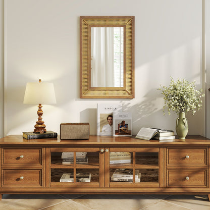 Rattan Decorative Wall Mirror with Wooden Frame for Bathroom and Living Room-Natural