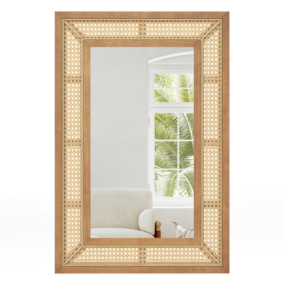 Rattan Decorative Wall Mirror with Wooden Frame for Bathroom and Living Room-Natural