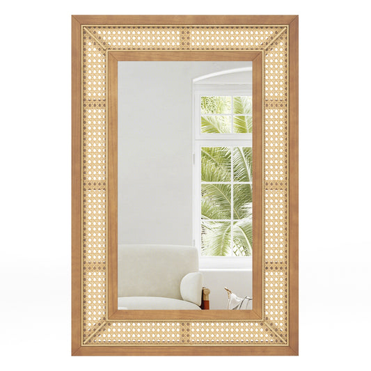 Rattan Decorative Wall Mirror with Wooden Frame for Bathroom and Living Room-Natural Kids Crystal