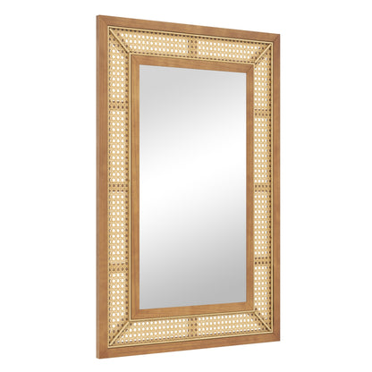 Rattan Decorative Wall Mirror with Wooden Frame for Bathroom and Living Room-Natural