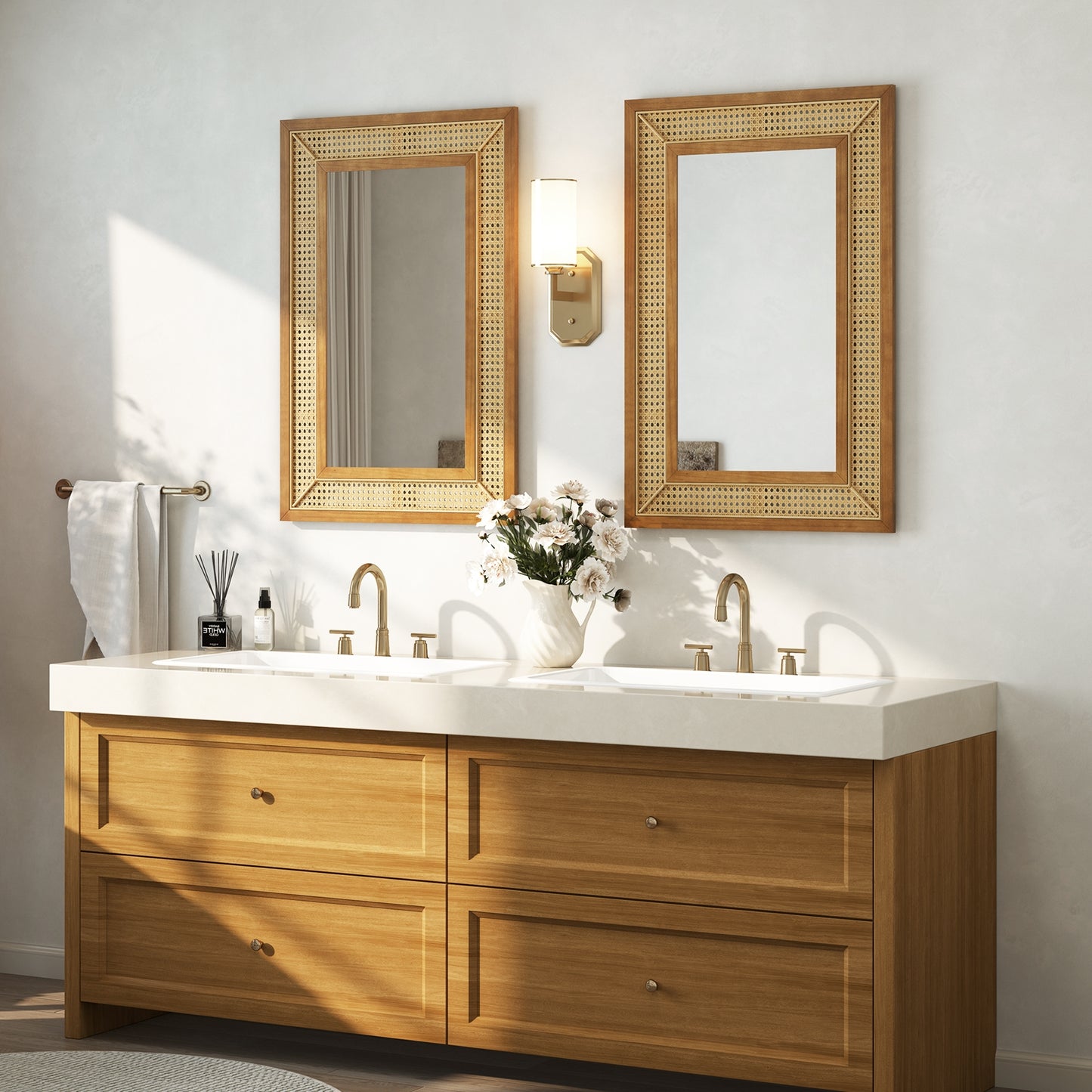 Rattan Decorative Wall Mirror with Wooden Frame for Bathroom and Living Room-Natural Kids Crystal