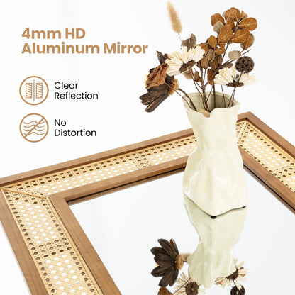 Rattan Decorative Wall Mirror with Wooden Frame for Bathroom and Living Room-Natural